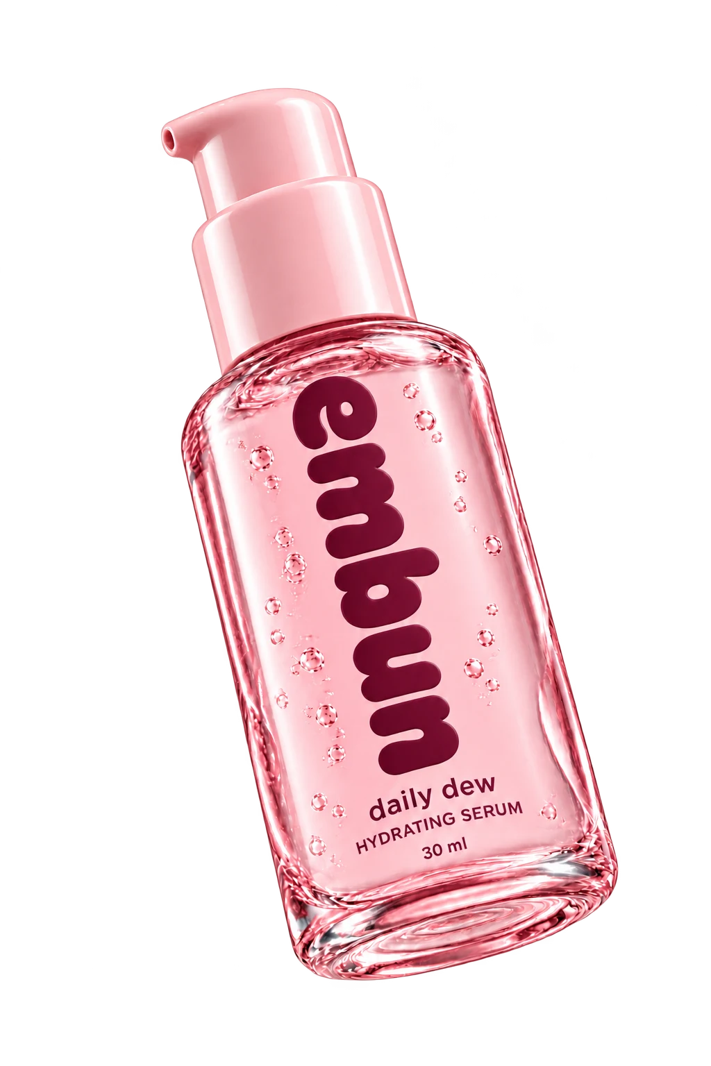 Embun Daily Dew serum in a soft pink bottle
